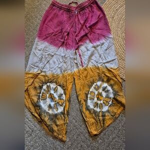 Boho Tie-Dye Harem Pants in Magenta, Gray & Mustard O/S